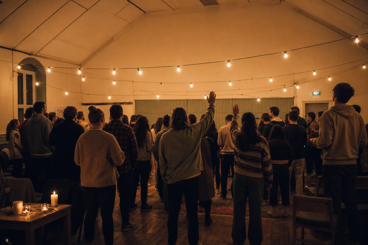 A young, diverse crowd worshipping together in a warm community hall